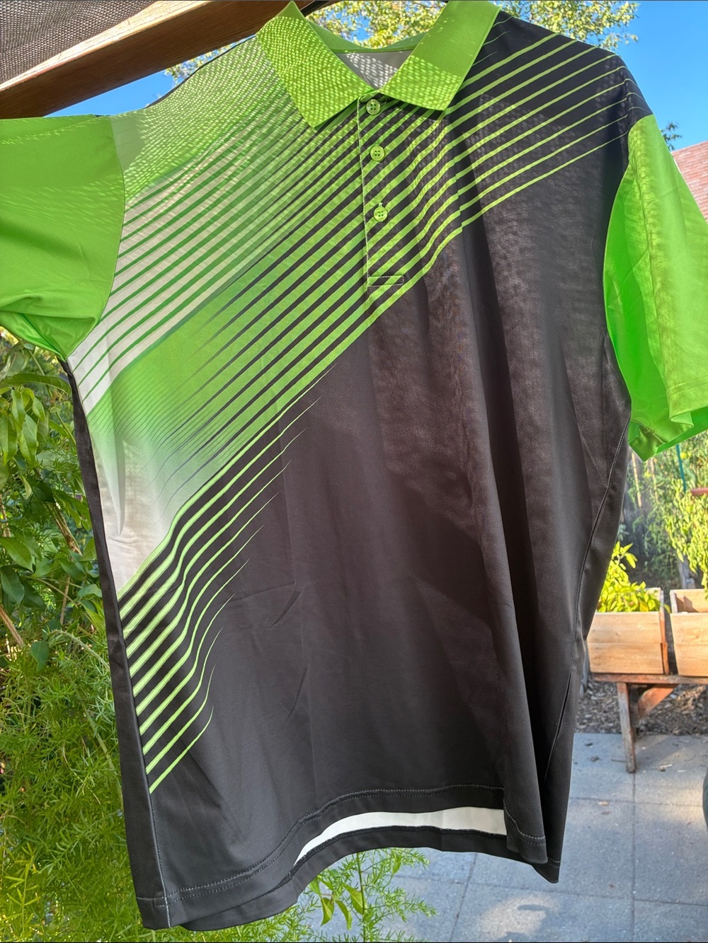 Men's Black and Neon Green Diagonal Stripe Golf Polo